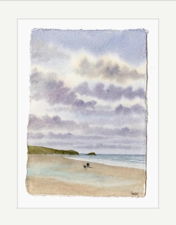 Fistral Beach, Newquay, Original watercolour painting on handmade paper, couple and Dog on Cornish  beach, mounted 16" x 12" art, Cornwall