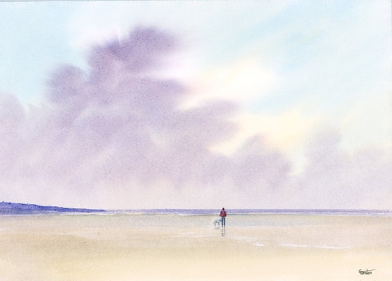 Original watercolour painting, distant figure and Bedlington terrier dog on beach, A4 size watercolor art direct from the artist in England
