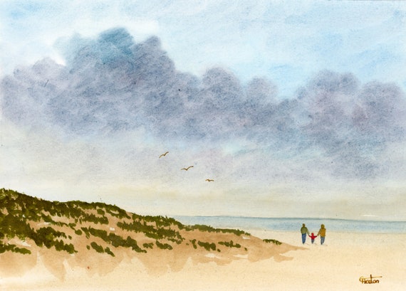 Original small watercolour beach painting, couple and child on beach, hand painted watercolor gift A5 Size, UK artist. Sand Dunes, storm