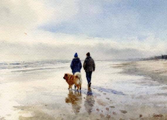 Original watercolour painting couple and Chow Chow dog on beach, bevel mounted hand painted unique art to fit 12 x 10 inch frame,