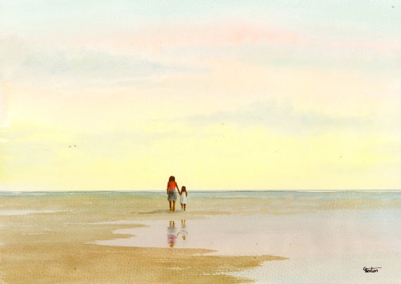 Original watercolour painting, 'Cherish' mother and child on beach, A4 size watercolor, original art direct from artist in England UK. Mum