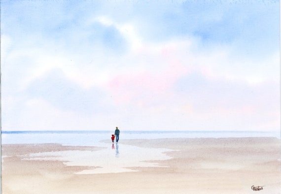 Original small watercolour beach painting 'Daddy's Girl' man and child on beach, original art direct from artist in UK. Watercolors