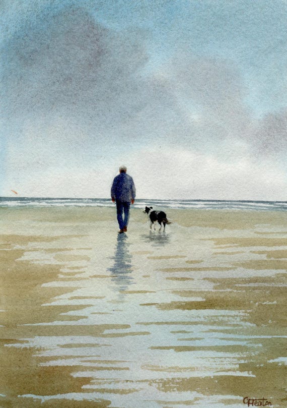 Original watercolour painting man and Border Collie dog on beach, bevel mounted hand painted unique art to fit 12 x 10 inch frame, art