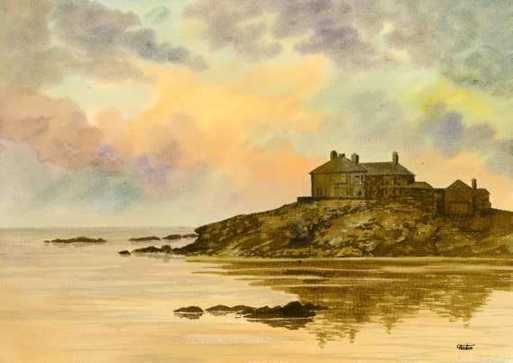 Original watercolour painting Trearddur Bay Sunset, Craig Y Mor, Anglesey Wales A4 size watercolor, art gift direct from the artist UK