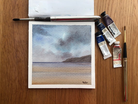 Red Wharf Bay, Anglesey. Square small original watercolour stormy beach painting, affordable hand painted delicate art watercolor gift, UK