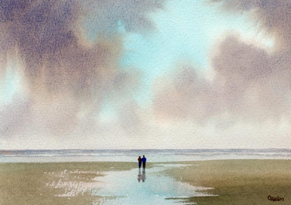 Original watercolour painting, couple on stormy beach, bevel mounted hand painted unique art to fit 12 x 10 inch frame by G. Heaton