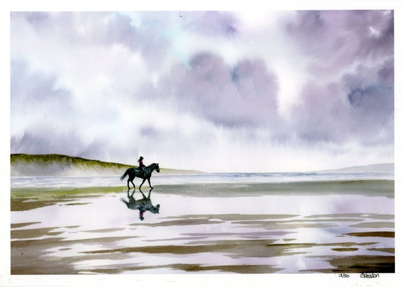 Limited edition print 'On Reflection', horse rider on stormy beach from an original watercolour painting, direct from UK artist, horses pony