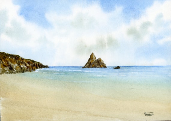 Original small watercolour beach painting, Church Rock, Broad Haven, Pembrokeshire, original watercolor art, Wales, direct from UK artist