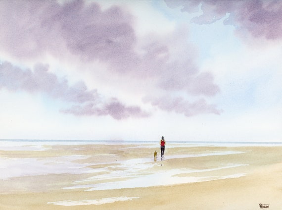 Original watercolour painting, 'Born To Run' figure and Dog running on beach, 32 cm x 24 cm watercolor art gift, girl and dog