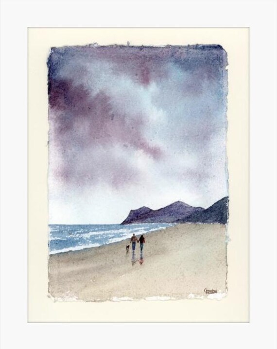 Original watercolour painting on handmade deckle edged paper, couple & dog on Nefyn beach, mounted to fit 12 x 10 inch frame by G. Heaton