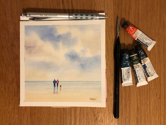 Square small original watercolour beach painting, Couple and dog on beach, affordable hand painted delicate watercolor gift, UK