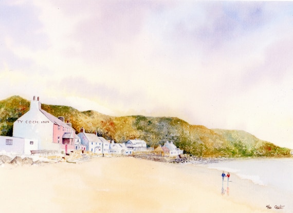 Ty Coch, Porthdinllaen, Hand finished and personalised very limited edition print on watercolour paper, couple on beach, Morfa Nefyn beach