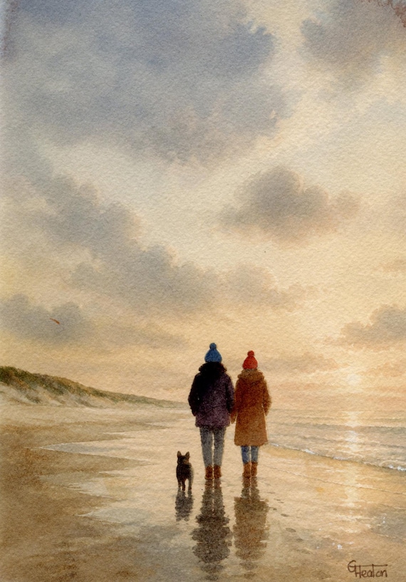 Original watercolour painting, couple and French Bulldog on beach, bevel mounted hand painted unique art to fit 12 x 10 inch frame, dog art