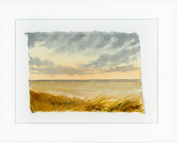 Original mounted deckled edged watercolour beach painting, sand dunes near Southport on handmade paper. Ainsdale and Birkdale Art gift UK