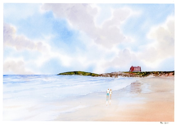 New for 2021 Fistral Beach, Hand finished and personalised very limited edition print on watercolour paper, hand painted art gift, Newquay