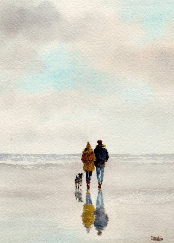 Original watercolour painting couple and Miniature Schnauzer dog on beach, bevel mounted hand painted unique art to fit 12 x 10 inch frame