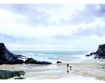 A3 Porth Dafarch, mounted 20" x 16" very Limited edition prints, personalised on watercolour paper,  Anglesey, Ynys Mon art gift