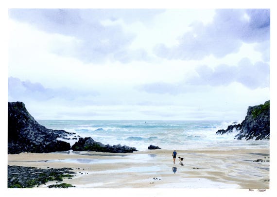 A3 Porth Dafarch, mounted 20" x 16" very Limited edition prints, personalised on watercolour paper,  Anglesey, Ynys Mon art gift