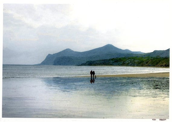 Nefyn Beach,  No 15/50 hand finished mounted limited edition print 14" x 11" mount, couple and dogon Morfa Nefyn beach, Llyn Peninsula Wales