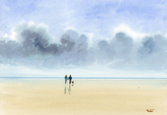 Original watercolour painting, 'Chance Of Rain' couple and dog on beach, A4 size watercolor, original art gift from the artist England UK.