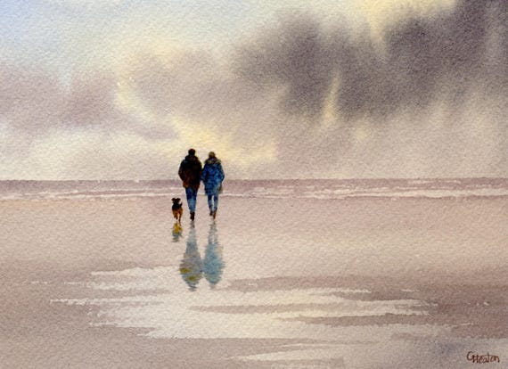 Original watercolour painting couple and Terrier dog on stormy beach, bevel mounted hand painted unique art to fit 12 x 10 inch frame,