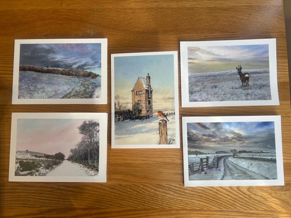 Fine Art Christmas Cards, direct from artist, large A5 size 6 pack with Pigeon Tower and Rivington Pike and snow in Belmont, Robin and Deer