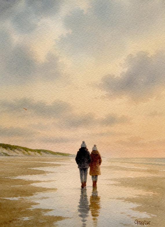 Original romantic watercolour painting, couple on beach, bevel mounted hand painted unique art to fit 12 x 10 inch frame, art gift