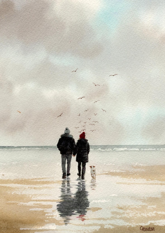 Original watercolour painting, couple and Jack Russell dog on beach, bevel mounted hand painted unique art to fit 12 x 10 inch frame