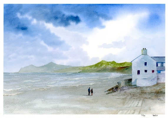 Morfa Nefyn Beach, Hand finished very limited edition print on watercolour paper, figures on beach unique art gift, Llyn Peninsula, Wales