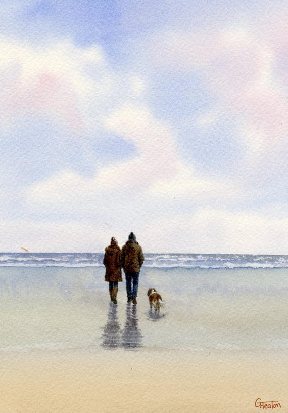 Original watercolour painting couple and Cavalier King Charles Spaniel dog on beach, bevel mounted unique art to fit 12 x 10 inch frame,