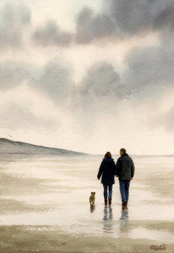 Original watercolour painting, couple and Border Terrier dog on beach, bevel mounted hand painted unique art to fit 12 x 10 inch frame, art