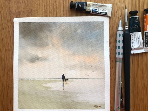 Square small original watercolour beach painting, Man and dog in neutral tones affordable hand painted delicate watercolor gift, UK