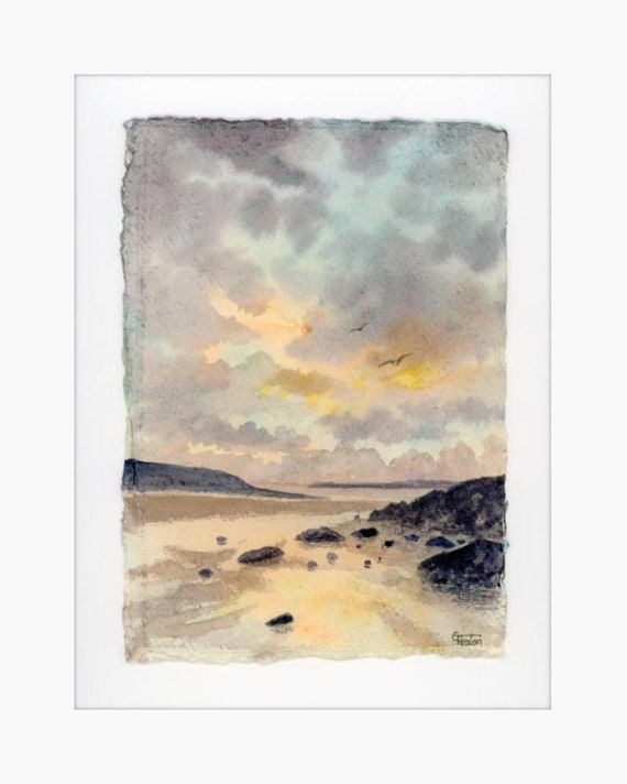 Original 12" x 10" mounted deckled edged watercolour Pembrokeshire beach painting on handmade paper. West Angle Bay Beach, Art gift from UK