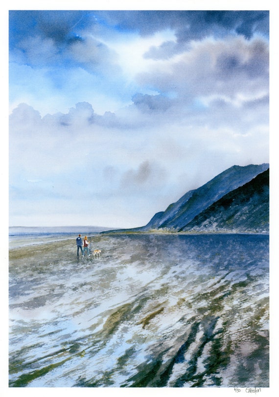 New for 2021 Couple and dog on Benllech Beach, Anglesey, Hand finished very limited edition print, watercolor art, 'Between Showers' Whippet