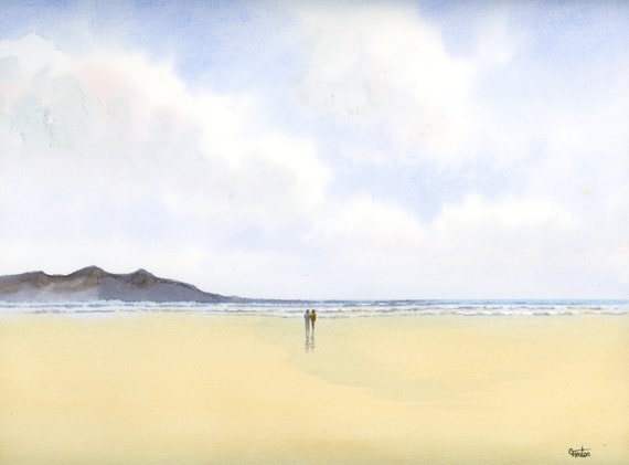 Original romantic watercolour painting, Couple on beach, 100 % cotton paper 30 x 24 cm (11.8" x 9.4") watercolor, art gift, valentine
