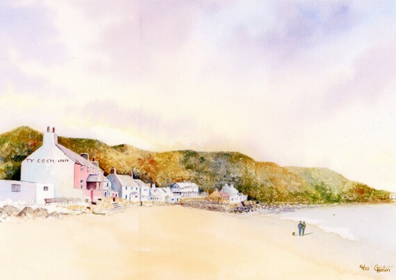 Ty Coch, Porthdinllaen, Hand finished and personalised very limited edition print on watercolour paper, couple and dog, Morfa Nefyn beach