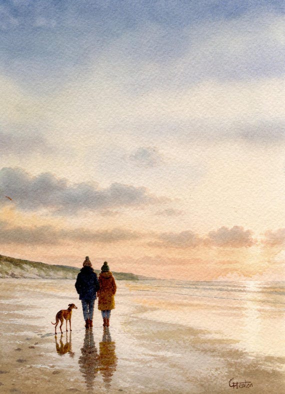 Original watercolour painting, couple and Whippet dog on beach, bevel mounted hand painted unique art to fit 12 x 10 inch frame
