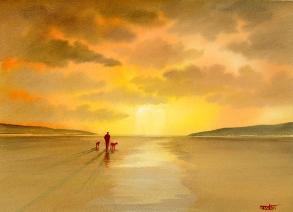 Original watercolour painting, 'Sunset Shadows' figure and dogs on beach, 210 x 297 mm (11.7" x 8.3") A4 watercolor, unique art gift