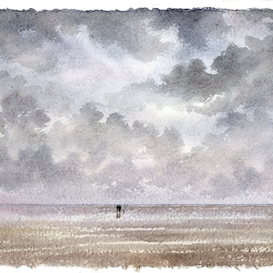 Large original watercolour deckle edged beach painting, A2 size unique artwork on handmade paper of distant couple and dog on stormy beach