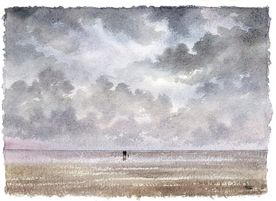 Large original watercolour deckle edged beach painting, A2 size unique artwork on handmade paper of distant couple and dog on stormy beach