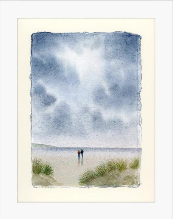 Romantic original watercolour painting on handmade deckle edged paper, couple on stormy beach, mount to fit 12 x 10 inch frame by G. Heaton
