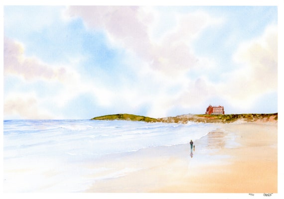 New for 2021 Fistral Beach, figure and dog Hand finished very limited edition print on watercolour paper, hand painted art gift, Newquay