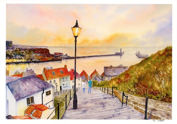 New for 2021 '199 Steps, Whitby', couple hand finished very limited edition print from a watercolour painting, signed and numbered