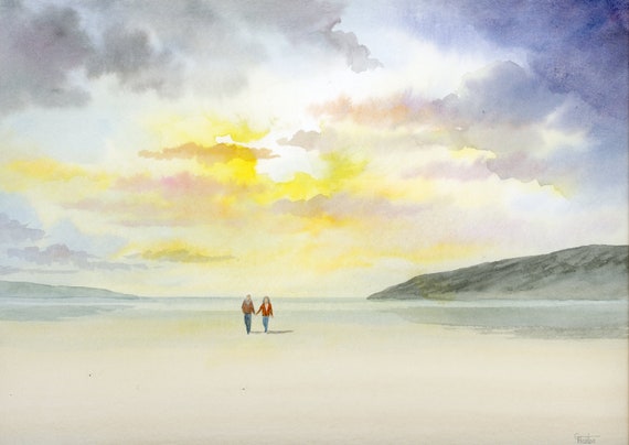 Original watercolour painting, Couple on sunset beach, 32 cm x 24 cm watercolor, romantic art gift, valentine, anniversary, birthday, love