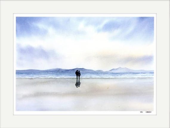 Limited edition print 'Our Time', mounted 14" x 11" or 20" x 16", couple on Traeth Llanddwyn near Newborough, beach watercolour painting