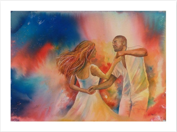 Very limited edition just 25 worldwide fine art print from an original watercolour, signed and numbered, Salsa dancers painting, dancing