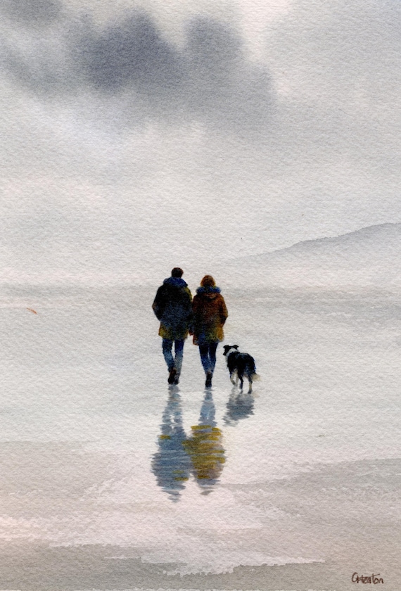 Original watercolour painting couple and Border Collie dog on beach, bevel mounted hand painted unique art to fit 12 x 10 inch frame,