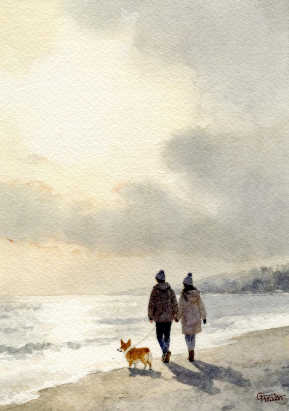Original watercolour painting, couple and Welsh Corgi dog on beach, bevel mounted hand painted unique art to fit 12 x 10 inch frame, art
