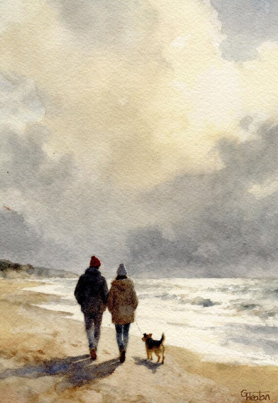 Original watercolour painting, couple and Terrier dog on beach, bevel mounted hand painted unique art to fit 12 x 10 inch frame, art