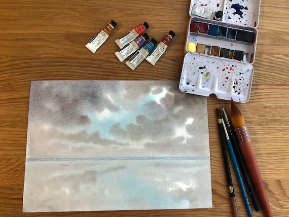 Ready to finish original A4 size watercolour painting, personalised for a bespoke finish, stormy beach, figures to be added, unique art gift